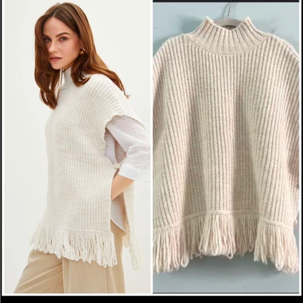Anthropologie fringed mockneck sweater